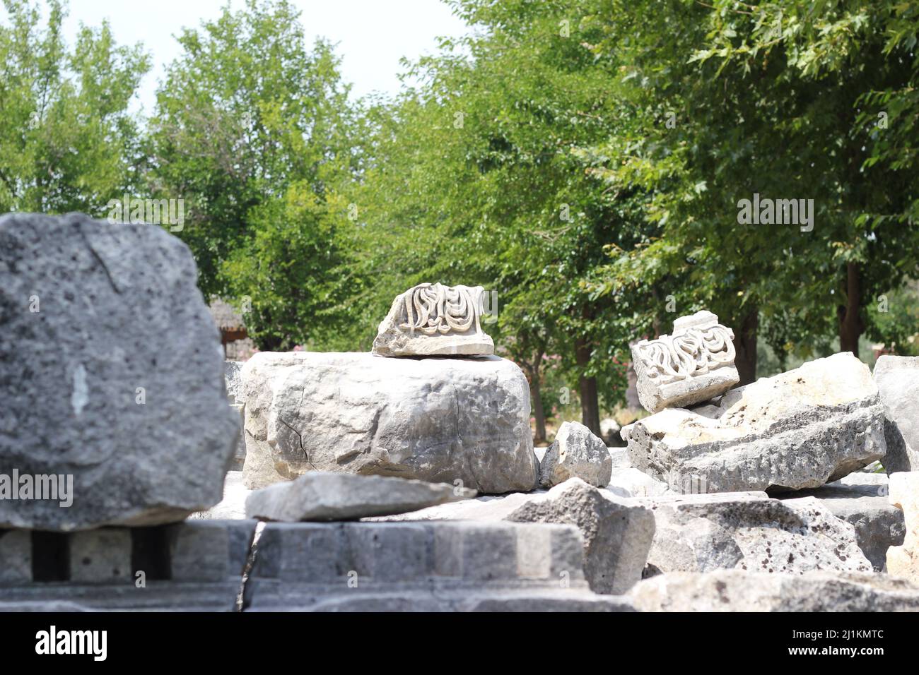 Antalya,Turkey- July 03 2021: Antalya Perge Ancient City as known as “Perge Antik Kenti” with broken ancient stones Stock Photo