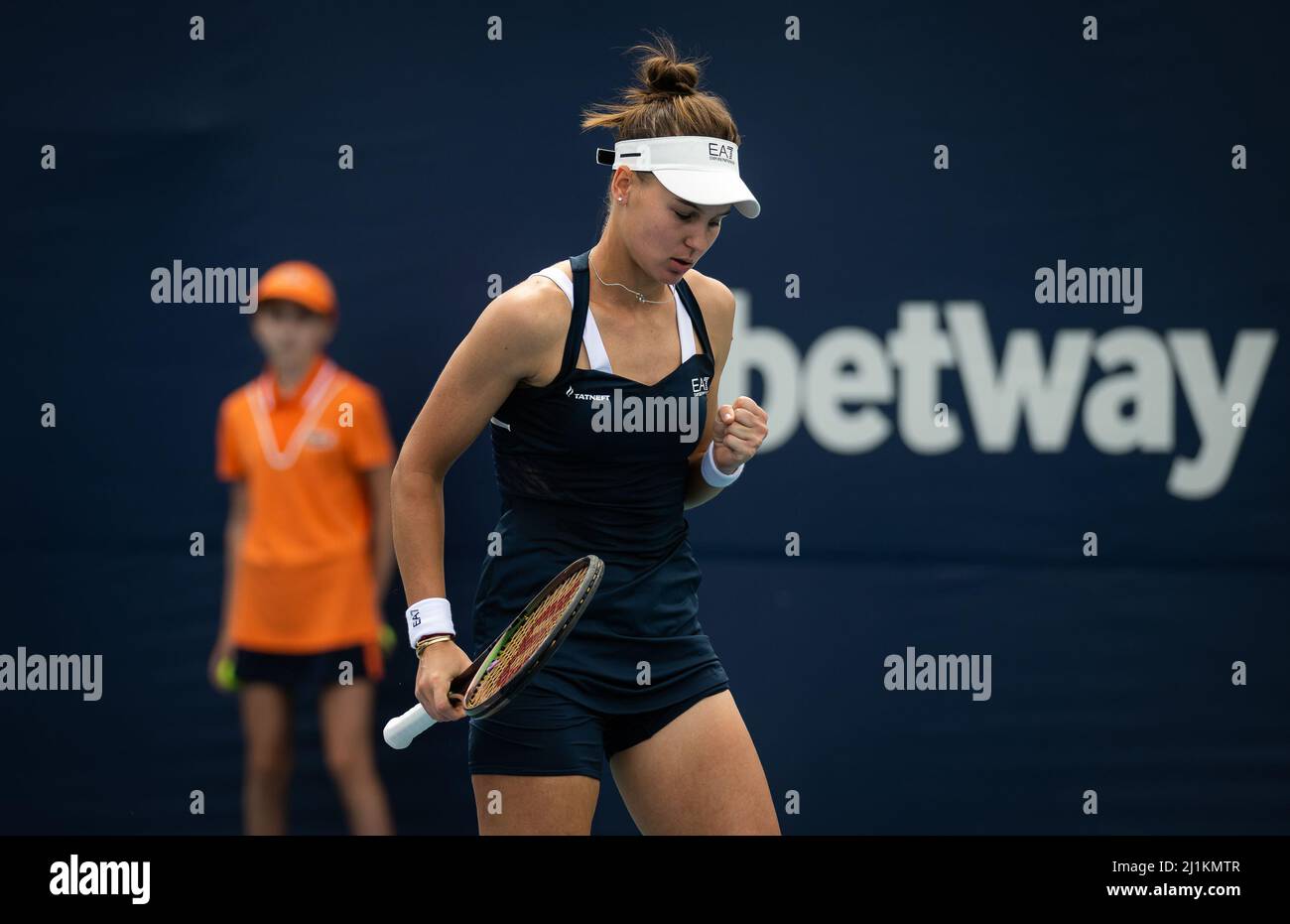 Veronika Kudermetova of Russia in action against Dalma Galfi of Hungary during the second round of the 2022 Miami Open, WTA Masters 1000 tennis tournament on March 25, 2022 at Hard Rock