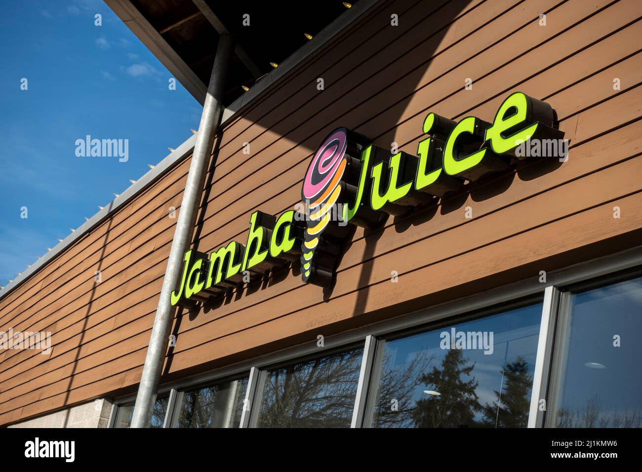 Woodinville, WA USA - circa February 2022: Angled view of the exterior of a Jamba Juice smoothie shop in the downtown area. Stock Photo