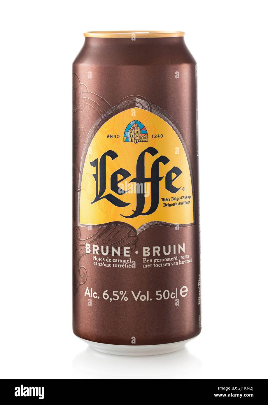 LONDON,UK FEBRUARY 01,2022 Leffe brown lager craft beer on white