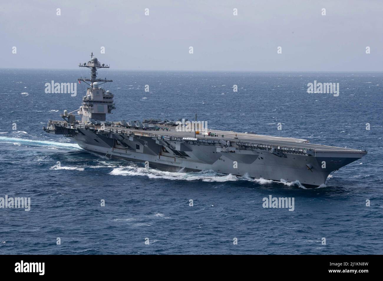 Atlantic Ocean, United States. 24 March, 2022. The U.S. Navy Ford-class aircraft carrier USS Gerald R. Ford underway during flight deck certification and air wing carrier qualifications, March 23, 2022 in the Atlantic Ocean.  Credit: MC3 Jackson Adkins/Planetpix/Alamy Live News Stock Photo