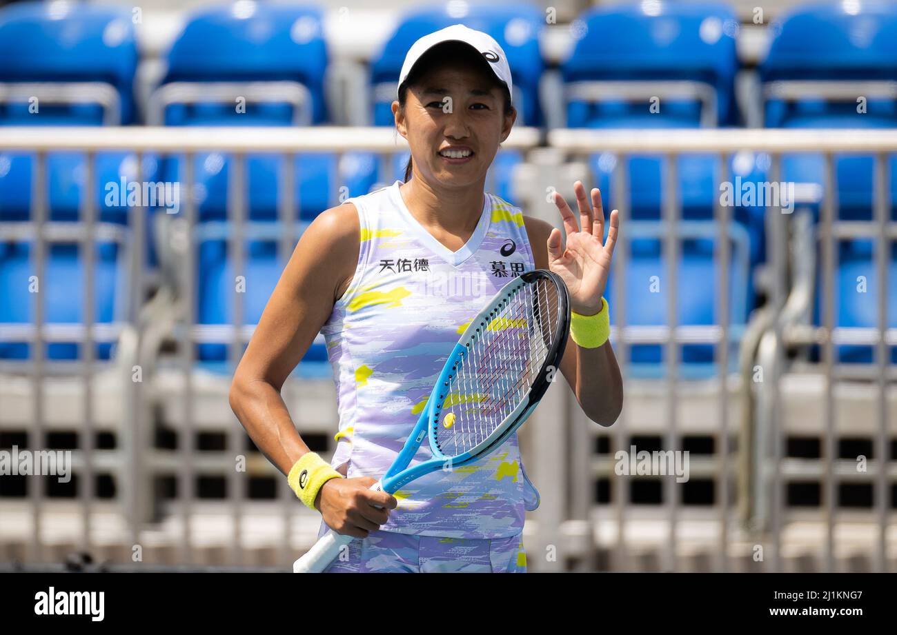 Shuai Zhang of China in action against Sorana Cirstea of Romania during the  second round of the 2022 Miami Open, WTA Masters 1000 tennis tournament on  March 25, 2022 at Hard Rock