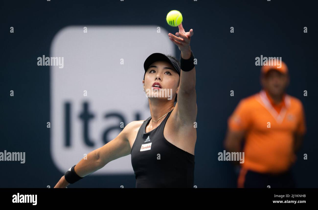 Qiang Wang of China in action against Cori Gauff of the United States  during the second round of the 2022 Miami Open, WTA Masters 1000 tennis  tournament on March 25, 2022 at