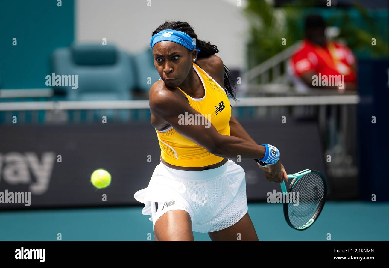 Cori Gauff of the United States in action against Qiang Wang of China during the second round of the 2022 Miami Open, WTA Masters 1000 tennis tournament on March 25, 2022 at Hard Rock stadium in Miami, USA - Photo: Rob Prange/DPPI/LiveMedia Stock Photo
