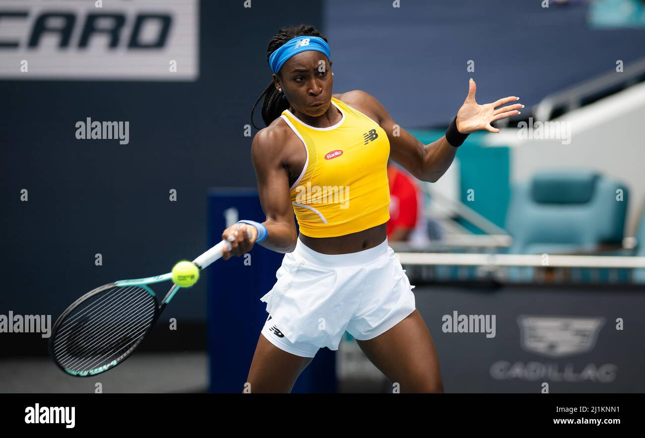 Cori Gauff of the United States in action against Qiang Wang of China during the second round of the 2022 Miami Open, WTA Masters 1000 tennis tournament on March 25, 2022 at Hard Rock stadium in Miami, USA - Photo: Rob Prange/DPPI/LiveMedia Stock Photo