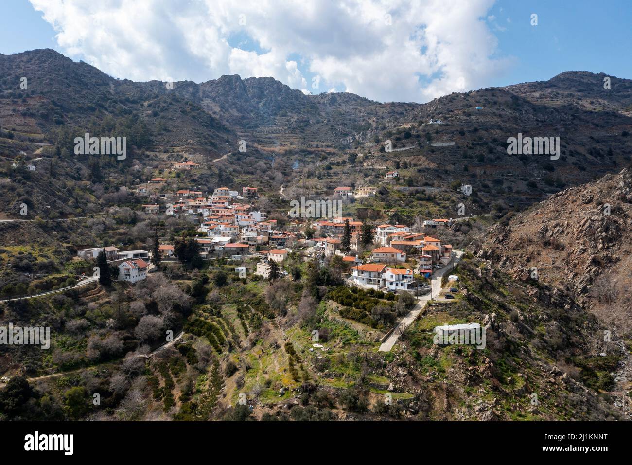 Aerial view of Odou traditional mountain village, Larnaca district, Republic of Cyprus. Stock Photo