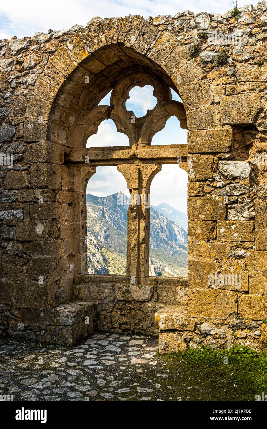 St. Hilarion Castle (St. Hilarion Kalesi Zirve) Karaman, Turkish Republic of Northern Cyprus (TRNC). Presumably from this window the princess rushed all her craftsmen after work done Stock Photo