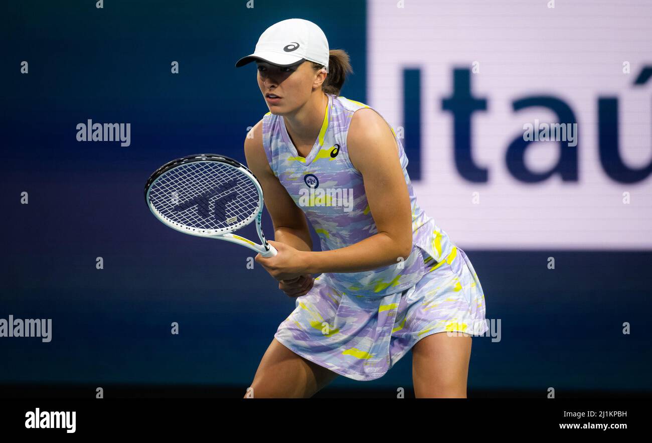 Iga Swiatek of Poland in action against Viktorija Golubic of Switzerland  during the second round of the 2022 Miami Open, WTA Masters 1000 tennis  tournament on March 25, 2022 at Hard Rock
