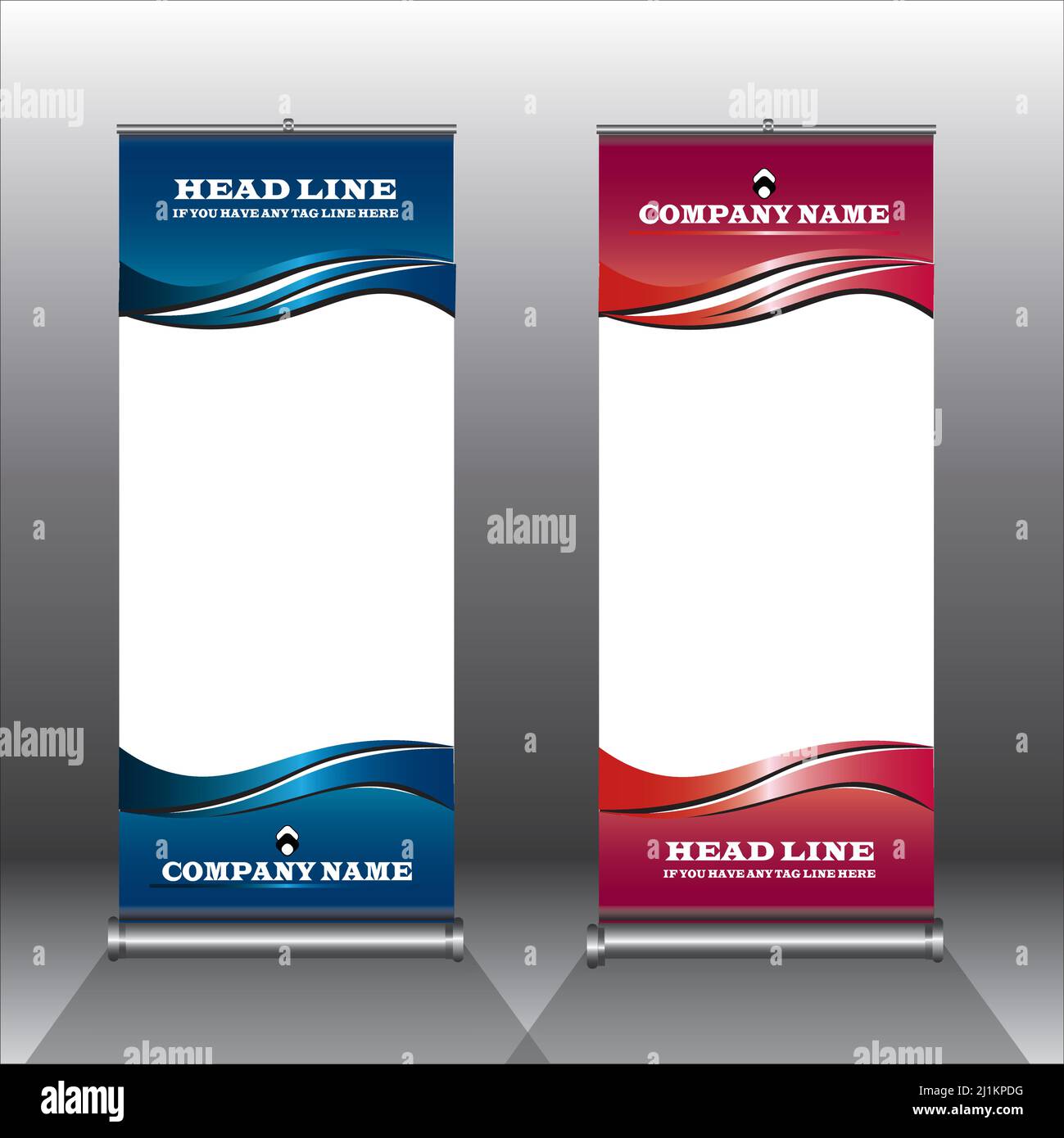 These blue and red roll up banners can be used for any of your promotional activities. CMYK colours are used, Designed to world standard sizes. Stock Vector