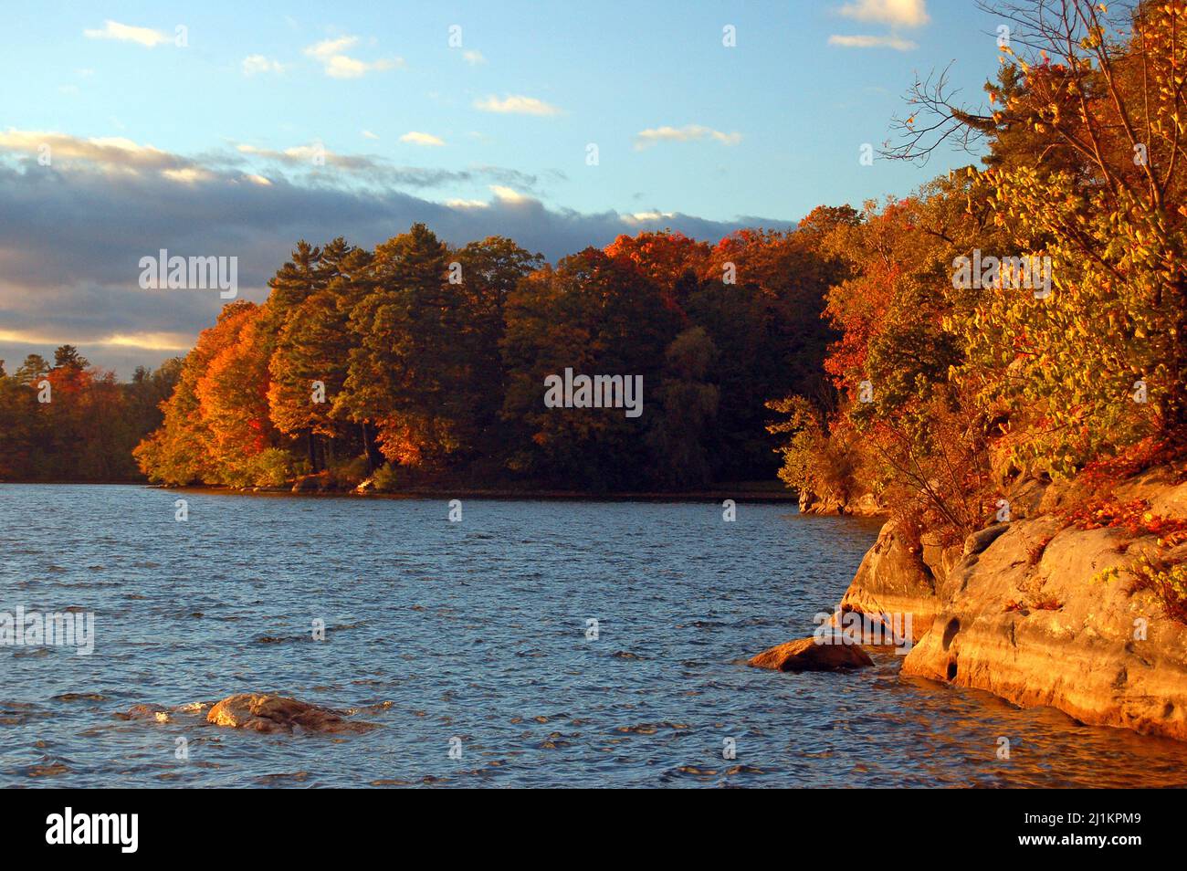 Autumn leaves along a lakeshore catch the last of the sun’s rays Stock Photo