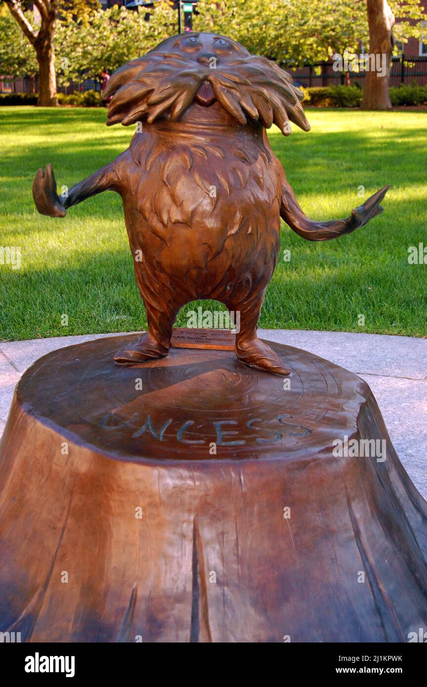 A sculpture of the Lorax stands at the Dr Seuss Memorial in Springfield, Massachusetts Stock Photo