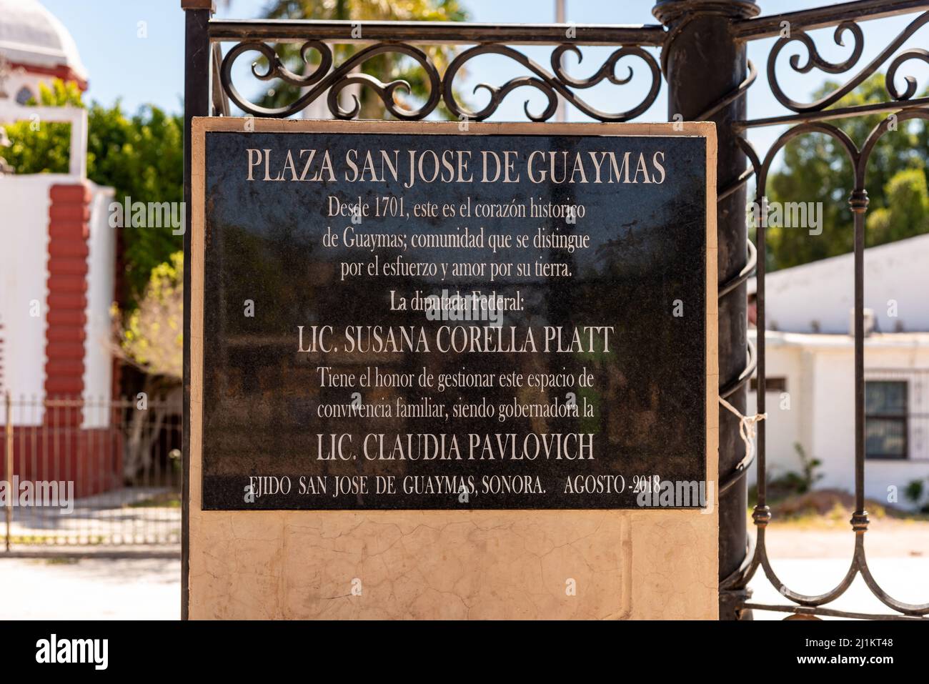 A marker for the Plaza San Jose de Guaymas in Sonora, Mexico. Stock Photo