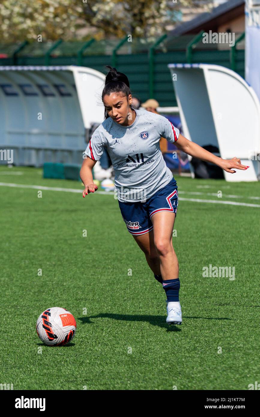 Sakina Karchaoui of Paris Saint Germain warms up ahead of the Women's  French Cup, semi-final football match between FC Fleury 91 and Paris  Saint-Germain on March 26, 2022 at Auguste Gentelet stadium