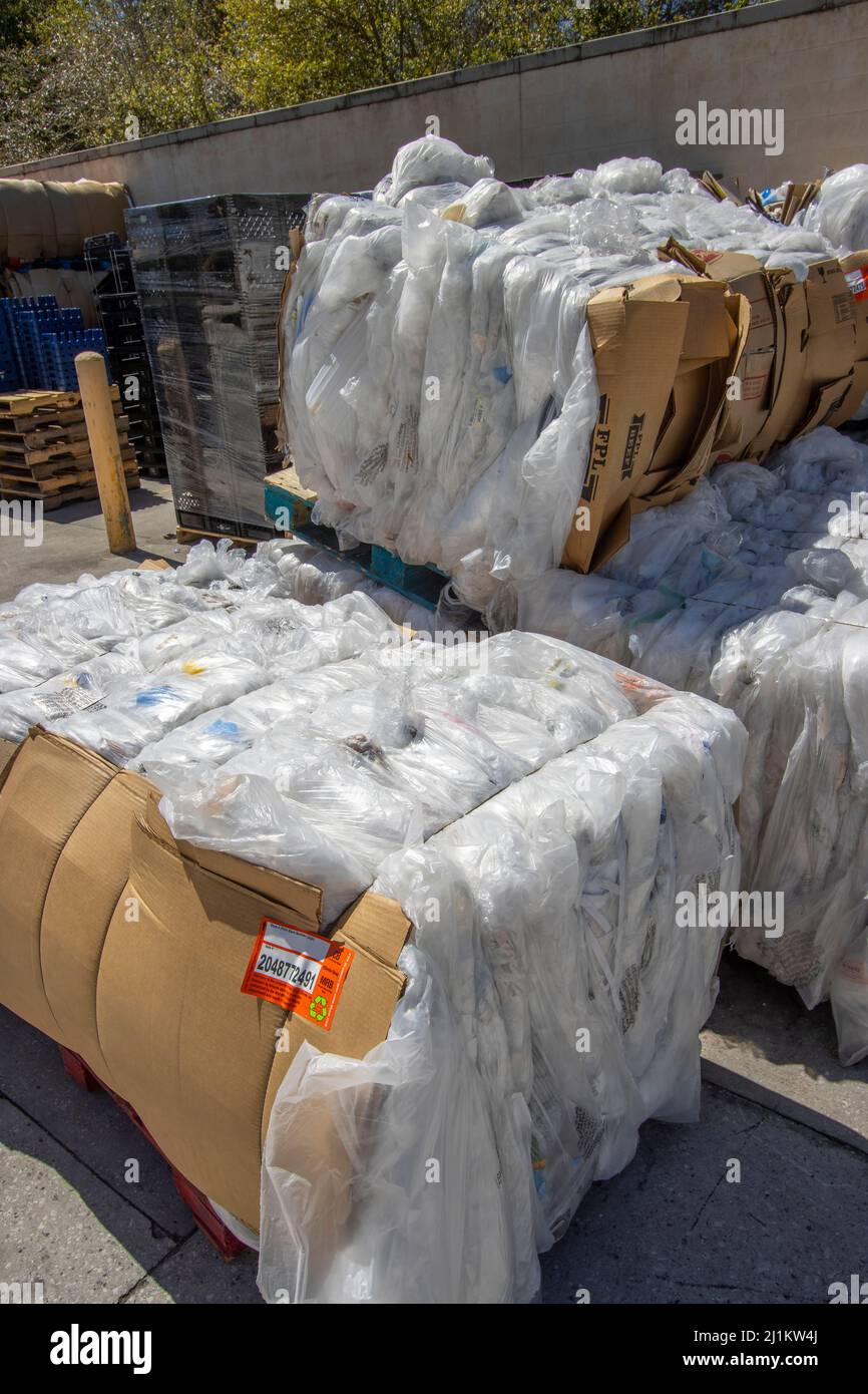 Lecanto, FL - 3/20/22: Plastic bundled for recycling at a Walmart Stock Photo