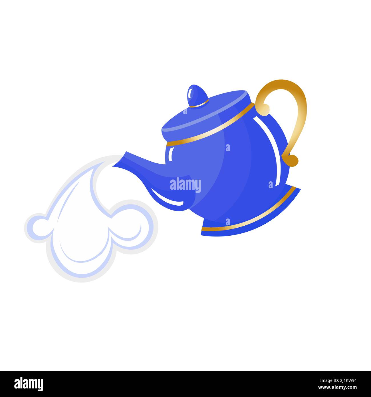 Blue porcelain teapot with steam. Decorated with golden detailes. Alice in Wonderland inspired. vector isolated. Stock Vector