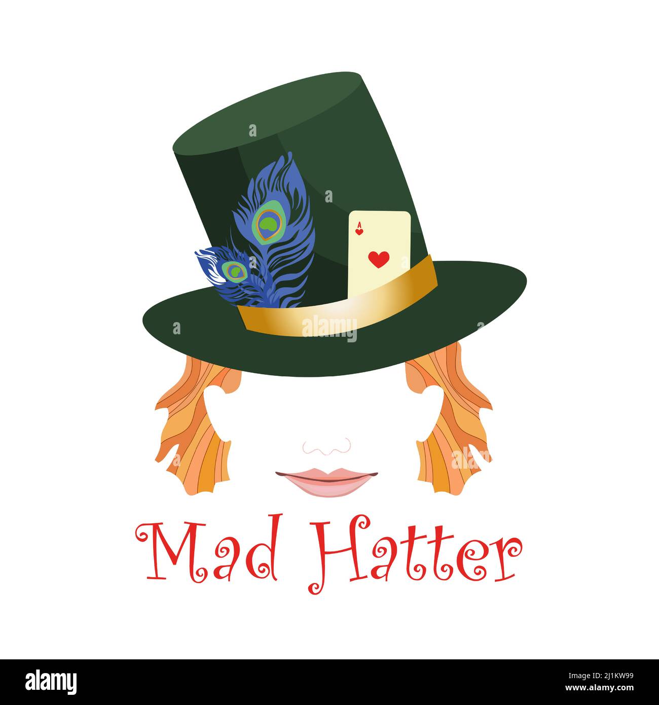 Abstract mad hatter head wearing hat decorated with playing card and feathers. Redheared smiling face. Vector illustration. Stock Vector