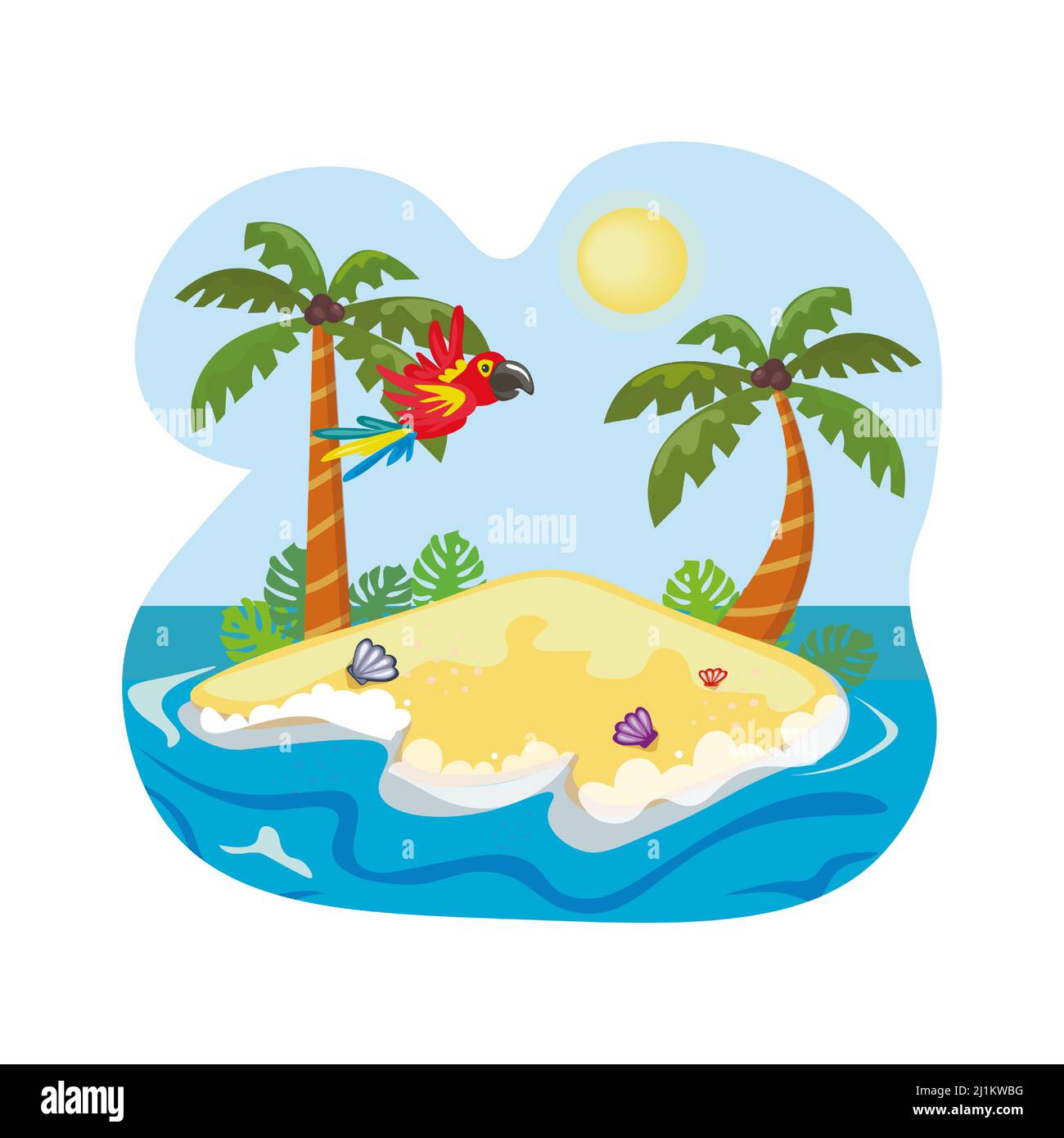 Parrot flying over an Island surrounded by ocean. Palm trees and sea shells on the sand. Vector illustration. Stock Vector
