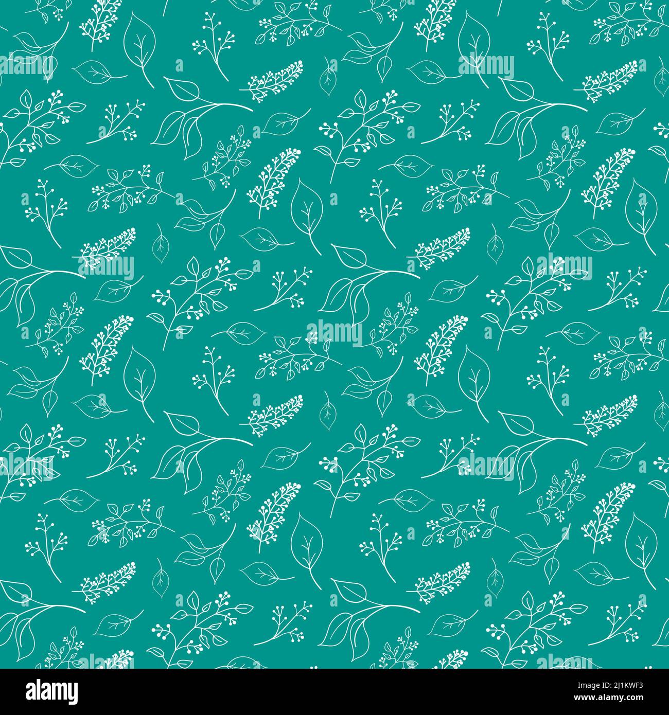 Seamless pattern hand drawn white twig with leaf and berry on emerald ...
