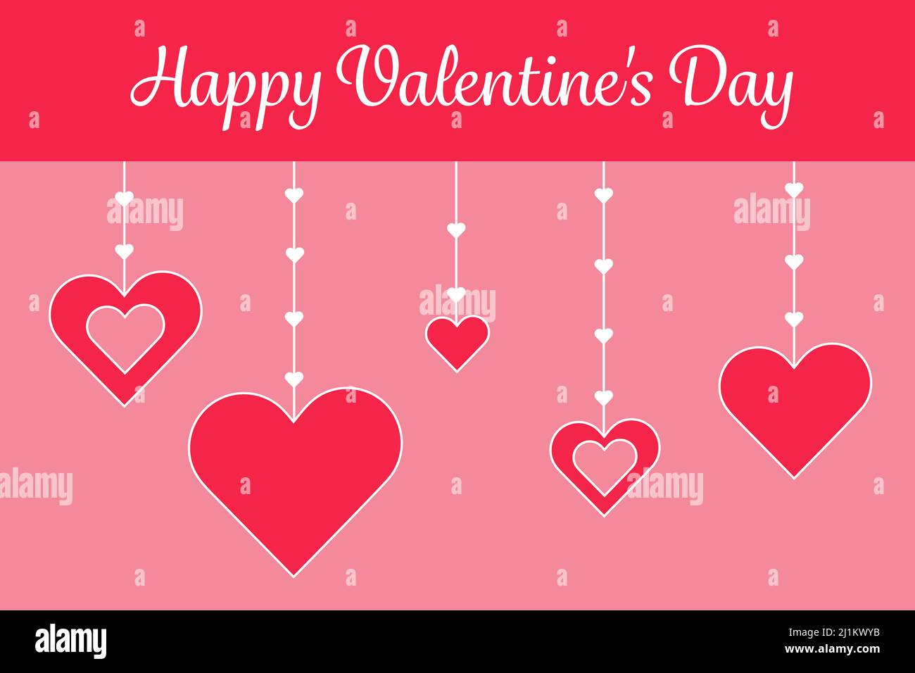 Cute Happy Valentines Day greeting card, big red hearts on threads with ...