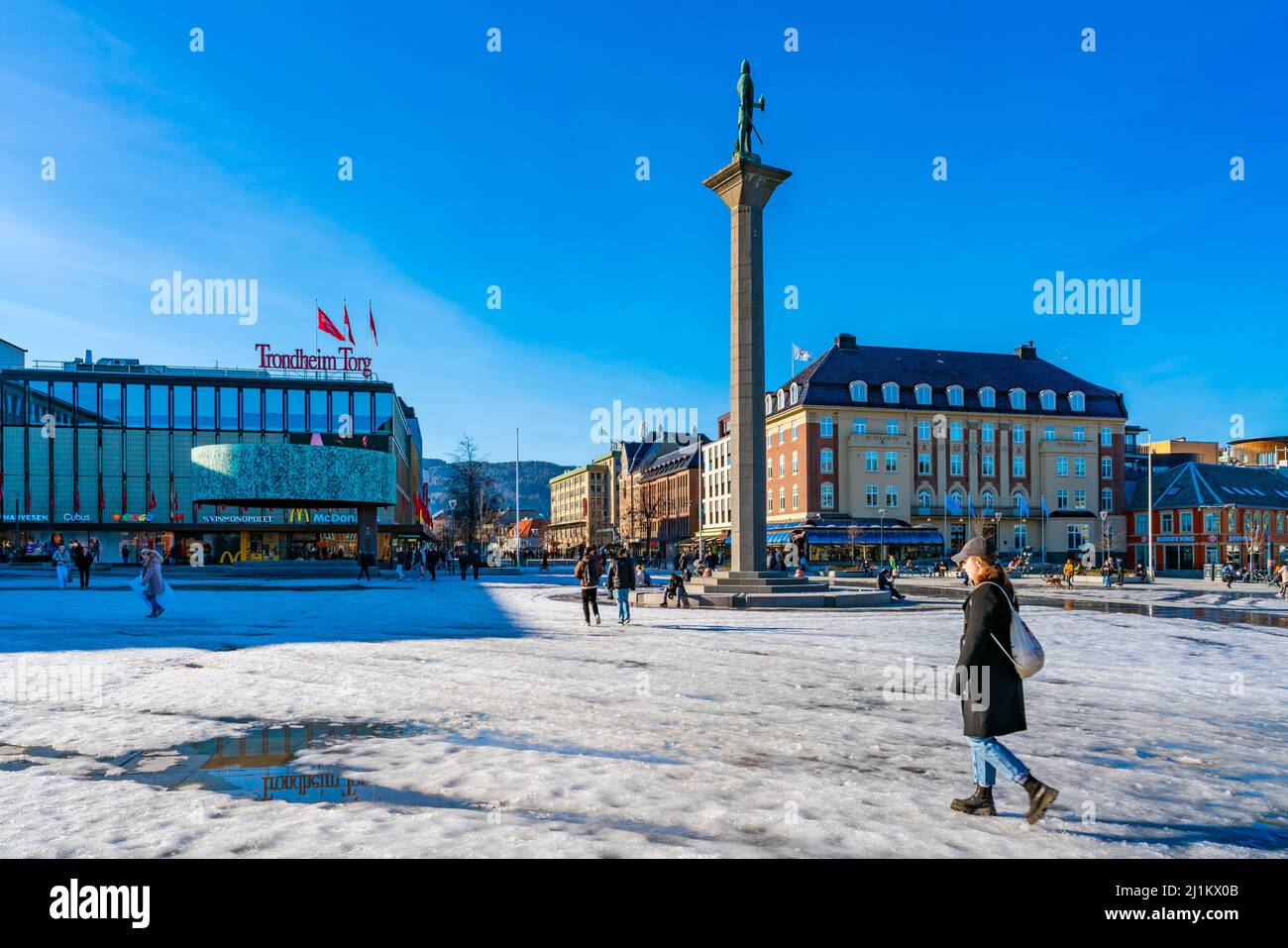TRONDHEIM, NORWAY - MARCH 11, 2022: Market Square (Torvet) with the statue of Olav Tryggvason, the founder of Trondheim. Stock Photo
