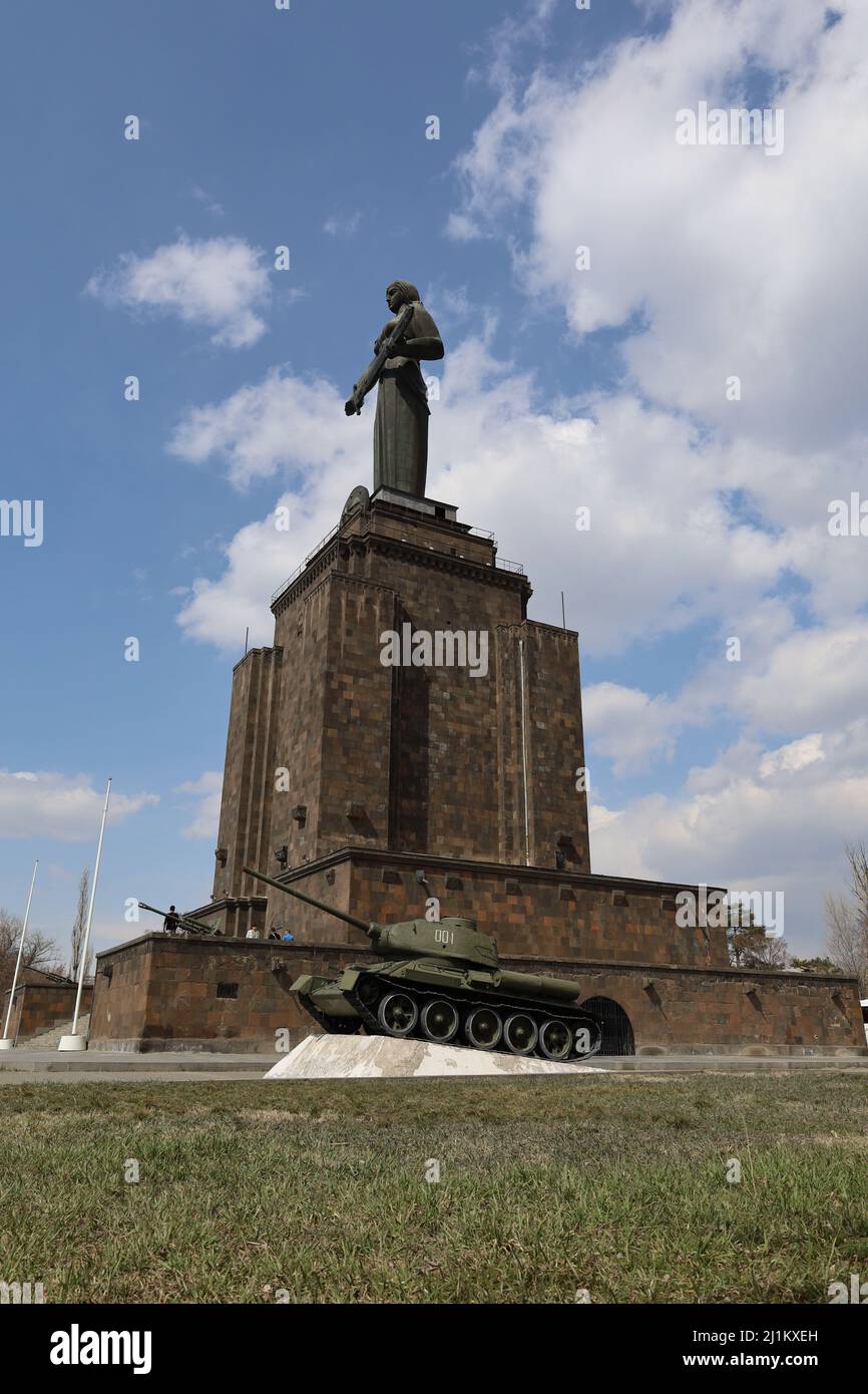 Tank in front of the Mother Armenia monument in Victory Park, Yerevan Stock Photo