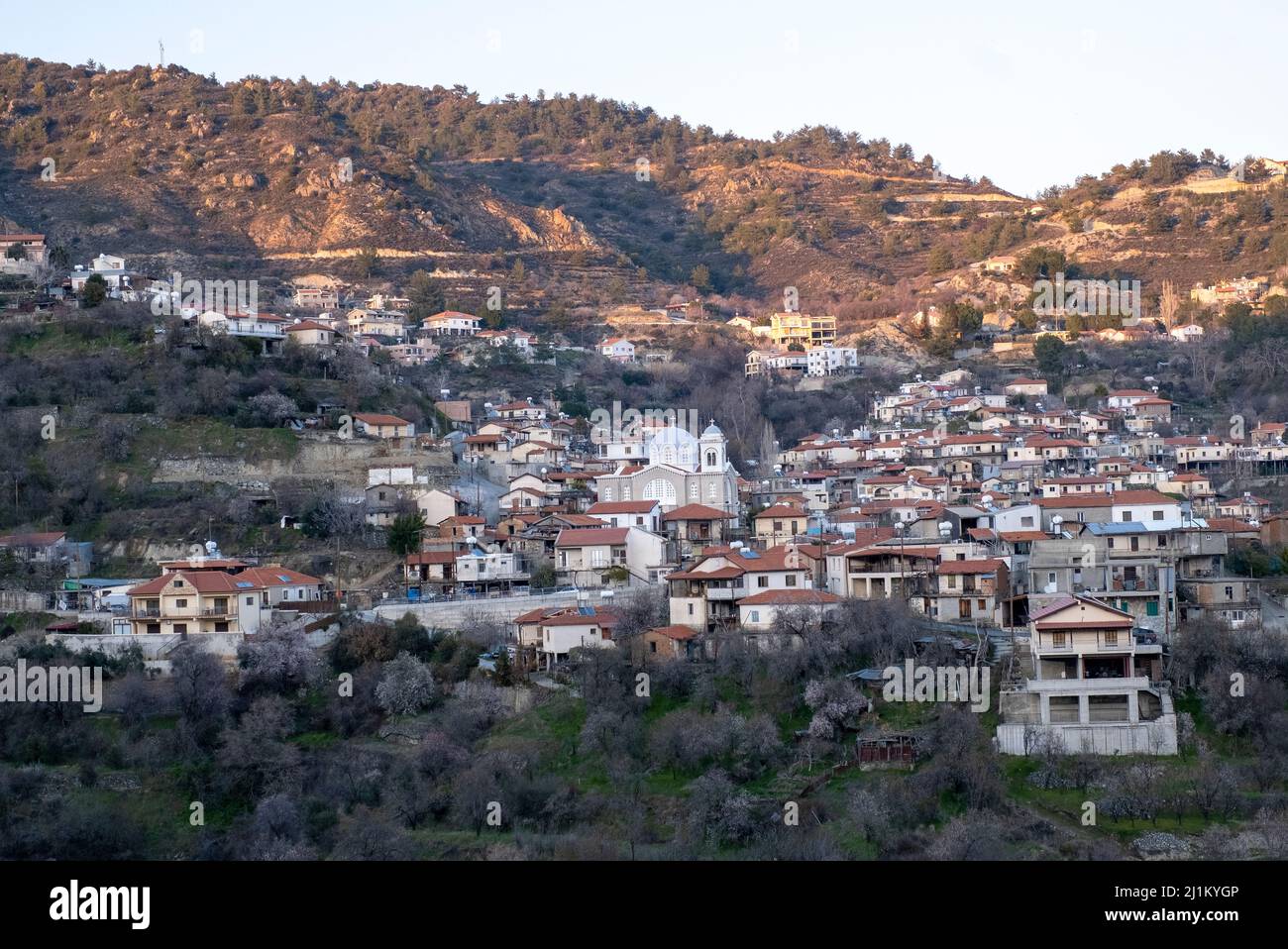 View of Pelendri mountain village at sunset, Limassol District, Republic of Cyprus. Stock Photo
