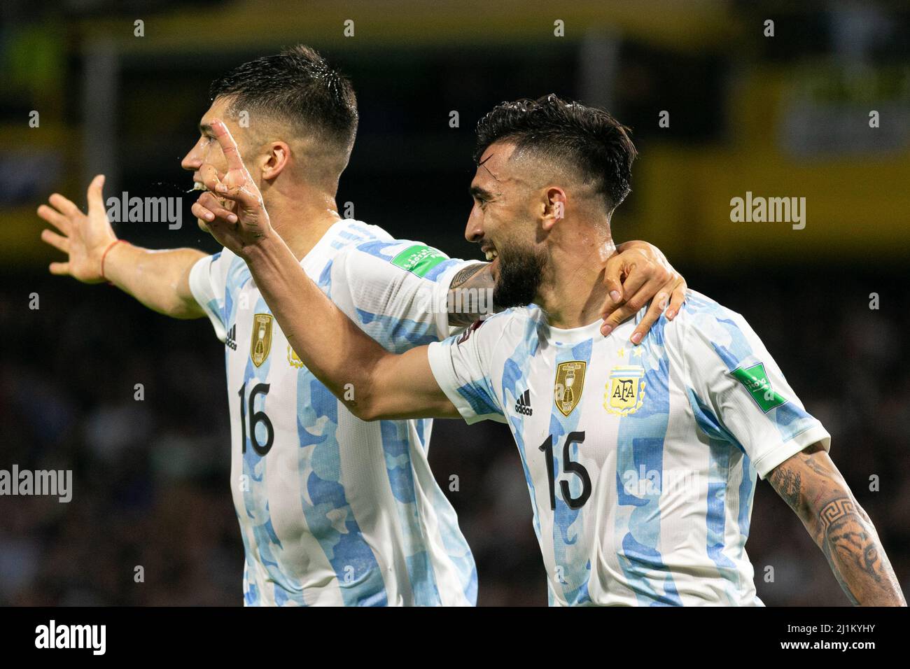BUENOS AIRES, ARGENTINA - MARCH 25: Nicolás González and Joaquin Correa of Argentina celebrates after scoring a goal during the Fifa World Cup Qualifiers - Conmebol match between Argentina and Venezuela at La Bombonera Stadium on March 25, 2022 in Buenos Aires, Argentina. (Photo by Florencia Tan Jun/Pximages) Stock Photo
