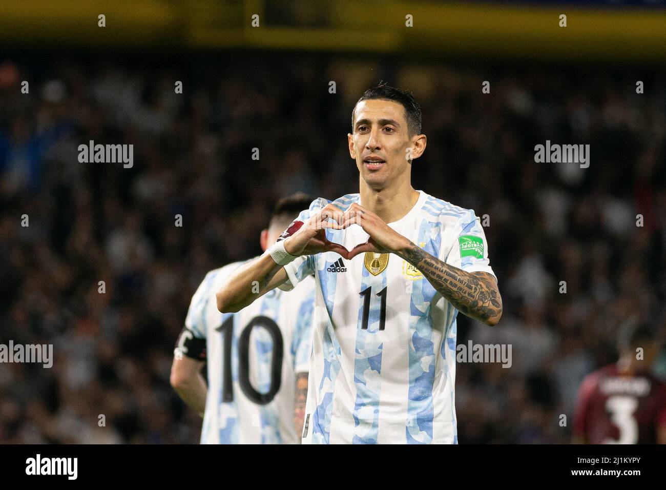 BUENOS AIRES, ARGENTINA - MARCH 25: Ángel Di María of Argentina celebrates after scoring a goal during the Fifa World Cup Qualifiers - Conmebol match between Argentina and Venezuela at La Bombonera Stadium on March 25, 2022 in Buenos Aires, Argentina. (Photo by Florencia Tan Jun/Pximages) Stock Photo