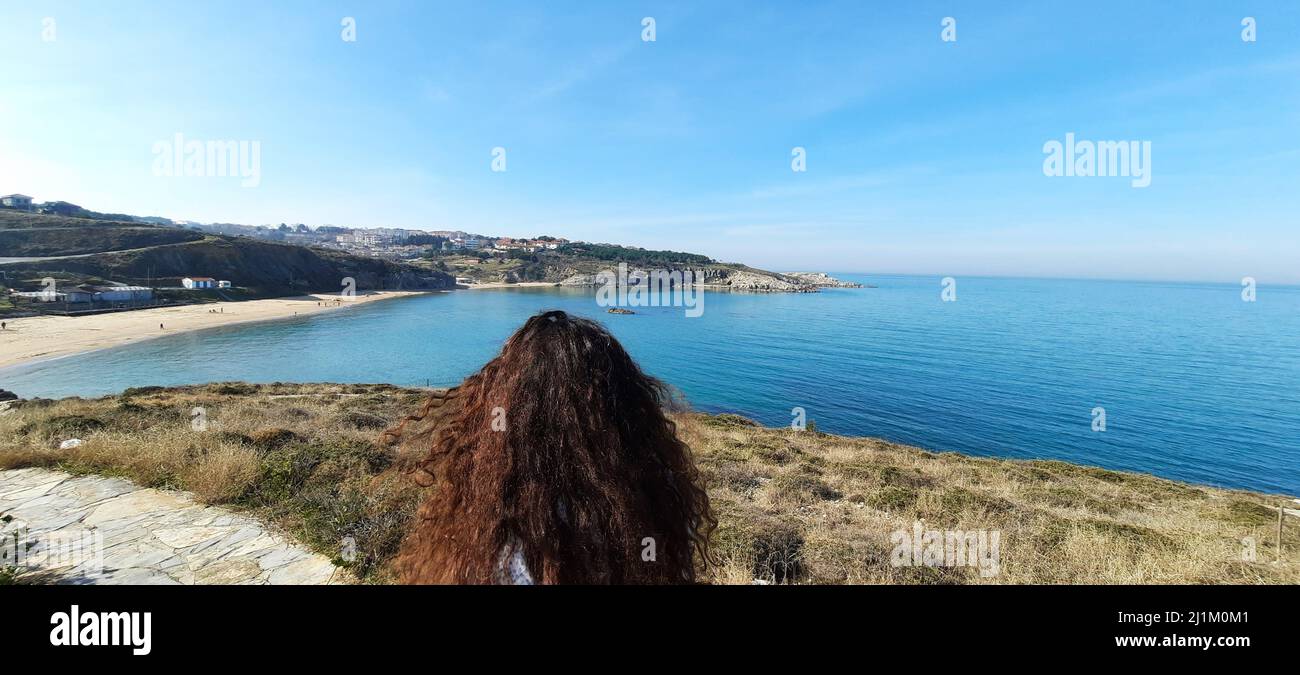 Istanbul,Turkey- February 12 2022: A beach in Sile, sunny day trip on the seaside, traveler’s aspect. Stock Photo