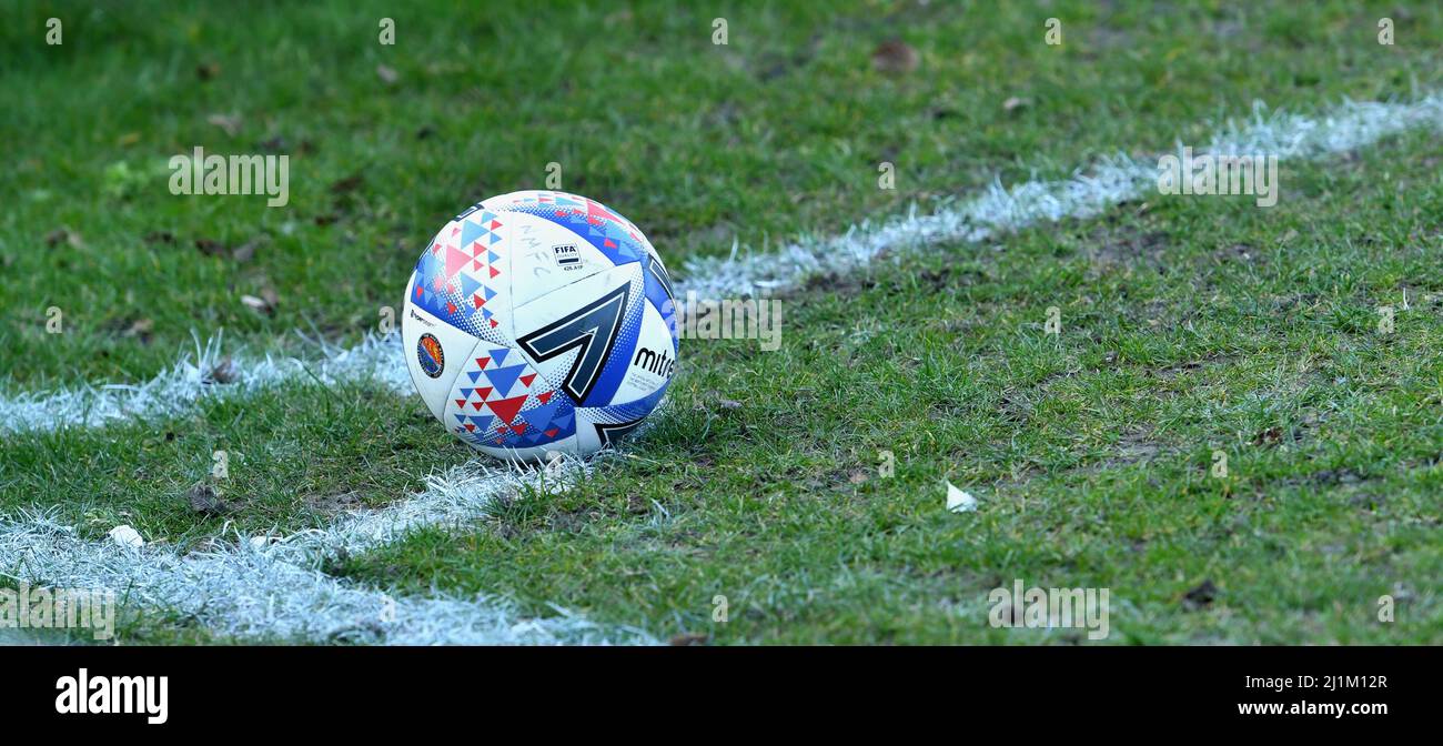 A ball correctly placed for a corner kick in a football match Stock