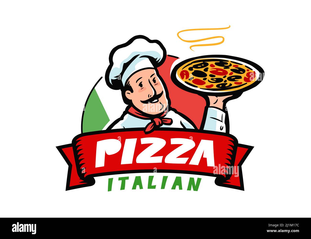 Cartoon chef character with pizza. Italian food restaurant, restaurant