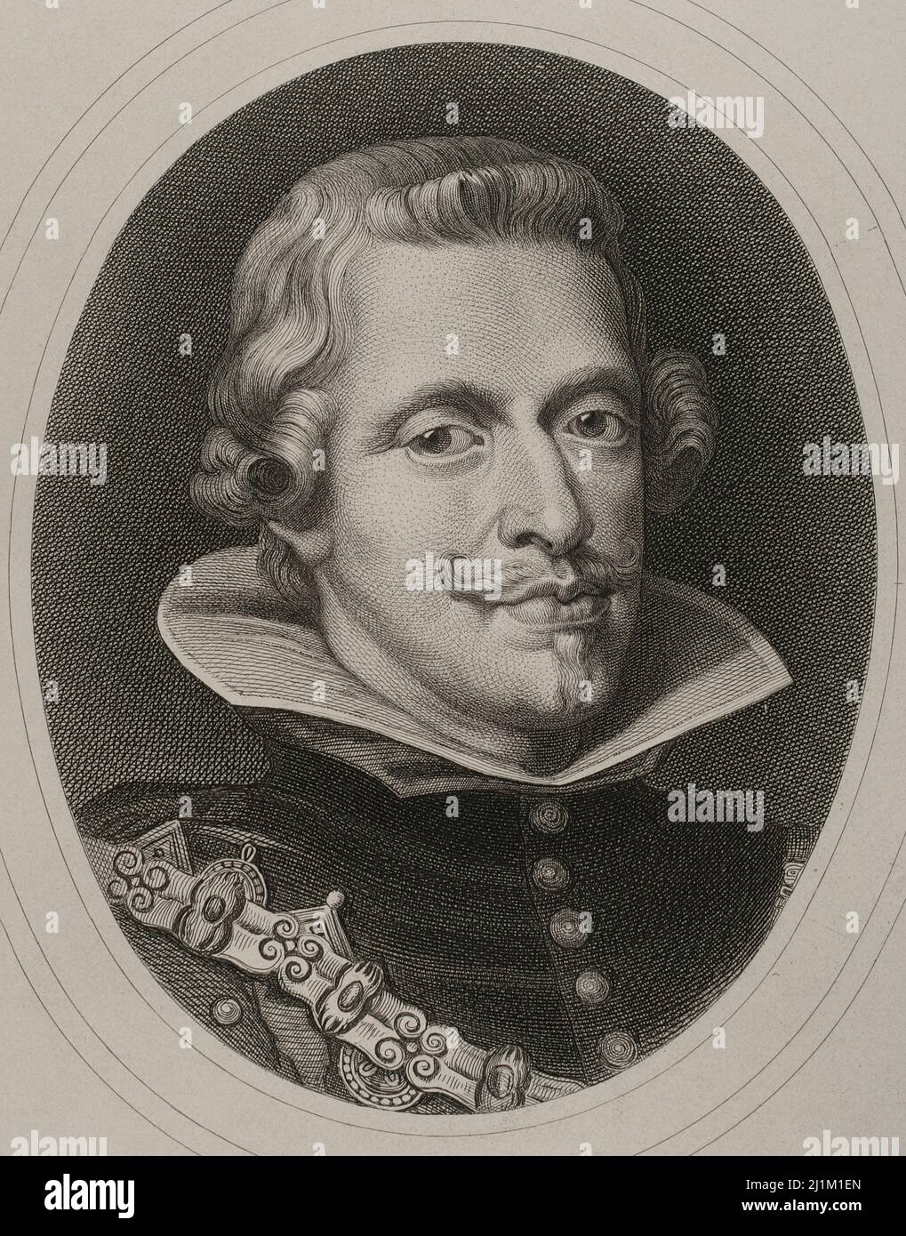 Philip IV (1605-1665). King of Spain (1621-1665) and Portugal (1621-1640). House of Austria. Portrait. Engraving by Masson. Lithography by Magín Pujadas. Historia General de España, by Modesto Lafuente. Volume III. Published in Barcelona, 1879. Stock Photo