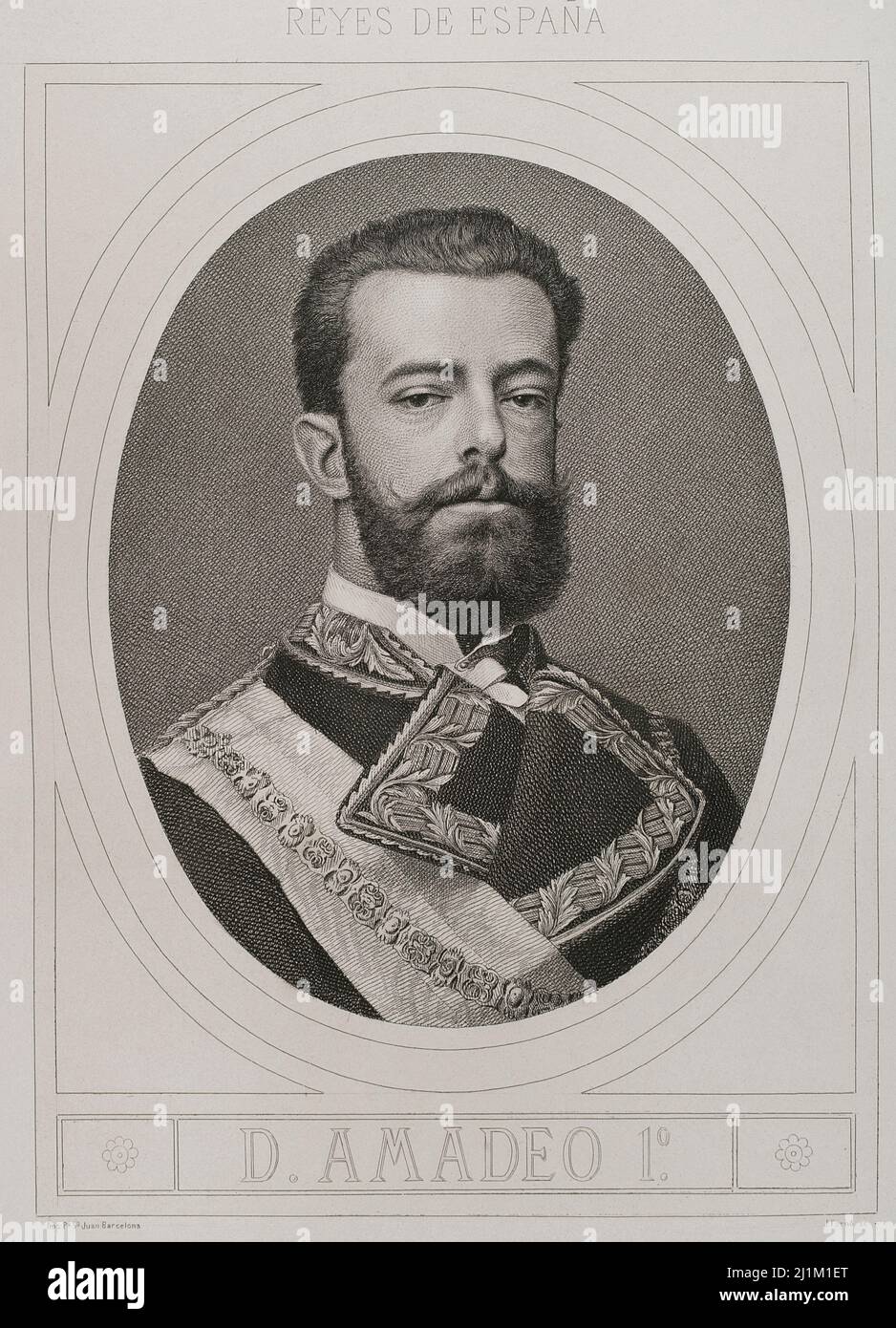 Amadeo I of Spain (1845-1890). King of Spain from January 2, 1871 to February 11, 1873. First Duke of Aosta. Portrait. Engraving by J. Furnó. Historia General de España by Modesto Lafuente. Volume IV. Published in Barcelona, 1882. Stock Photo