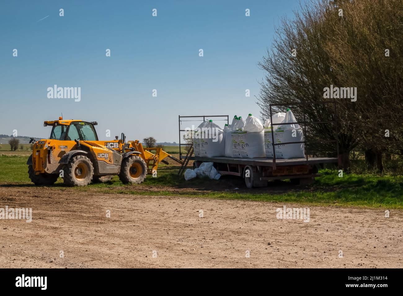 Yellow JCB agriculture fork lift truck moving 1 ton fertilizer bags Stock Photo
