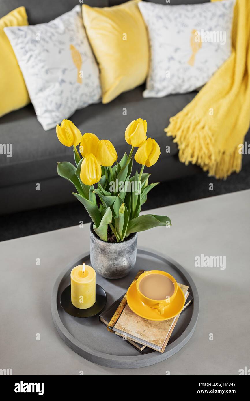 Yellow and Grey Styled Living Room Stock Photo