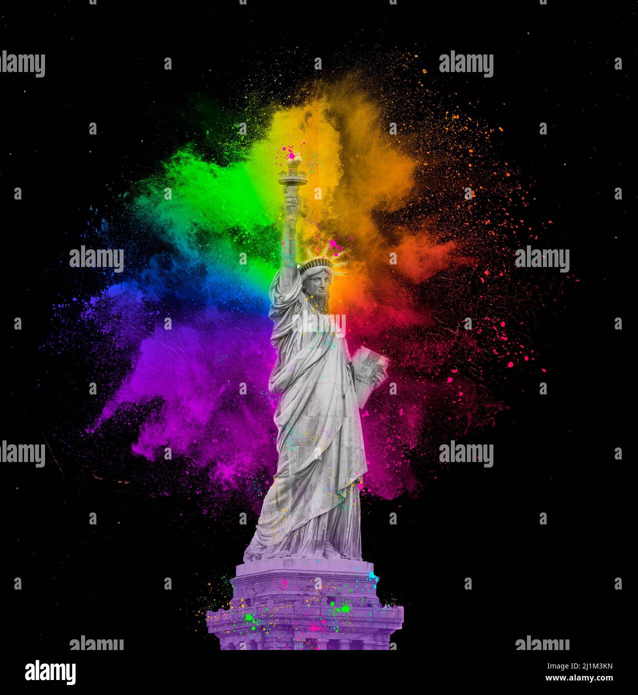Statue of Liberty with colorful rainbow holi paint dust explosion