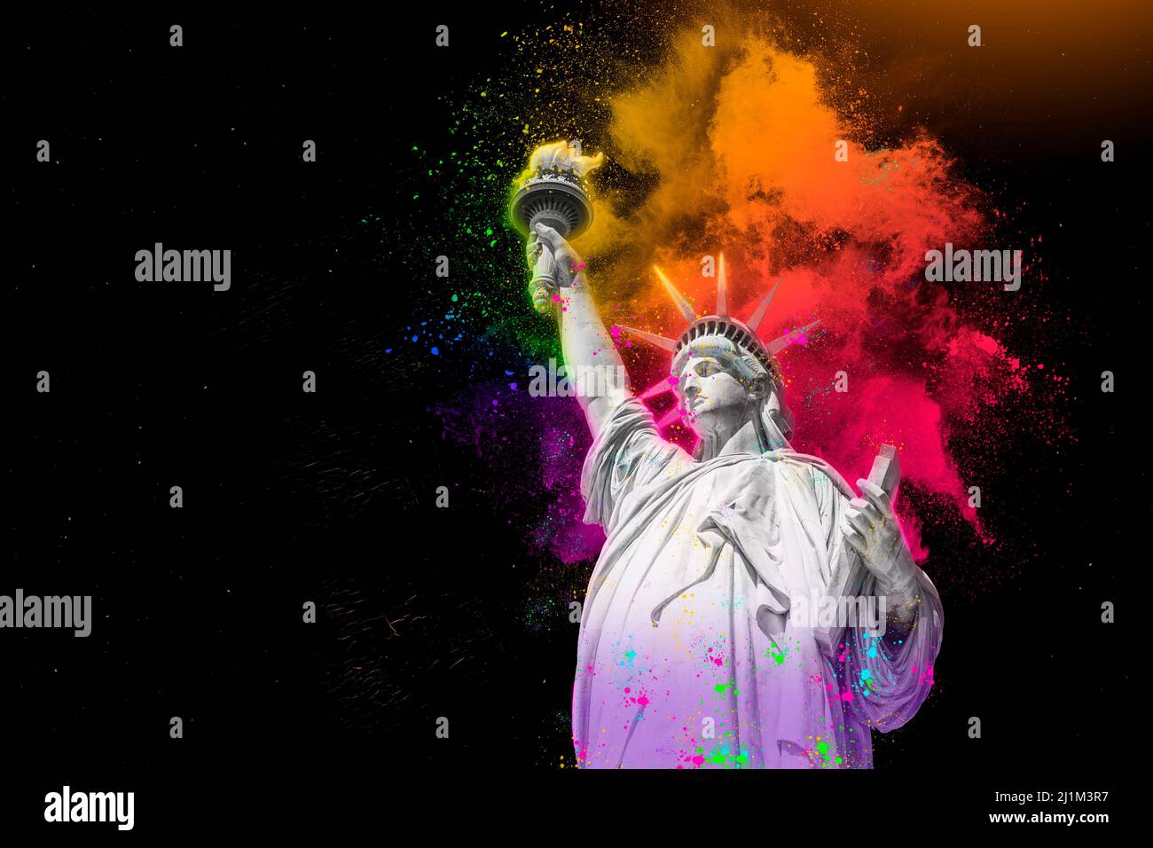 Statue of Liberty with colorful rainbow holi paint powder explosion