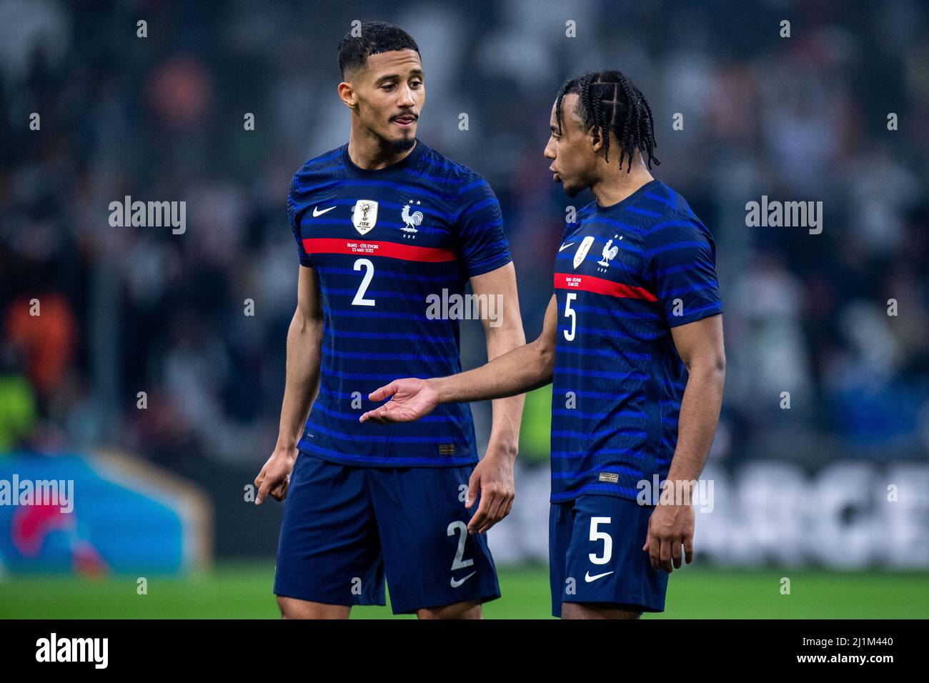 MARSEILLE, FRANCE - MARCH 25: William Saliba and Jules Kounde of France during the international friendly match between France and Ivory Coast at Oran Stock Photo