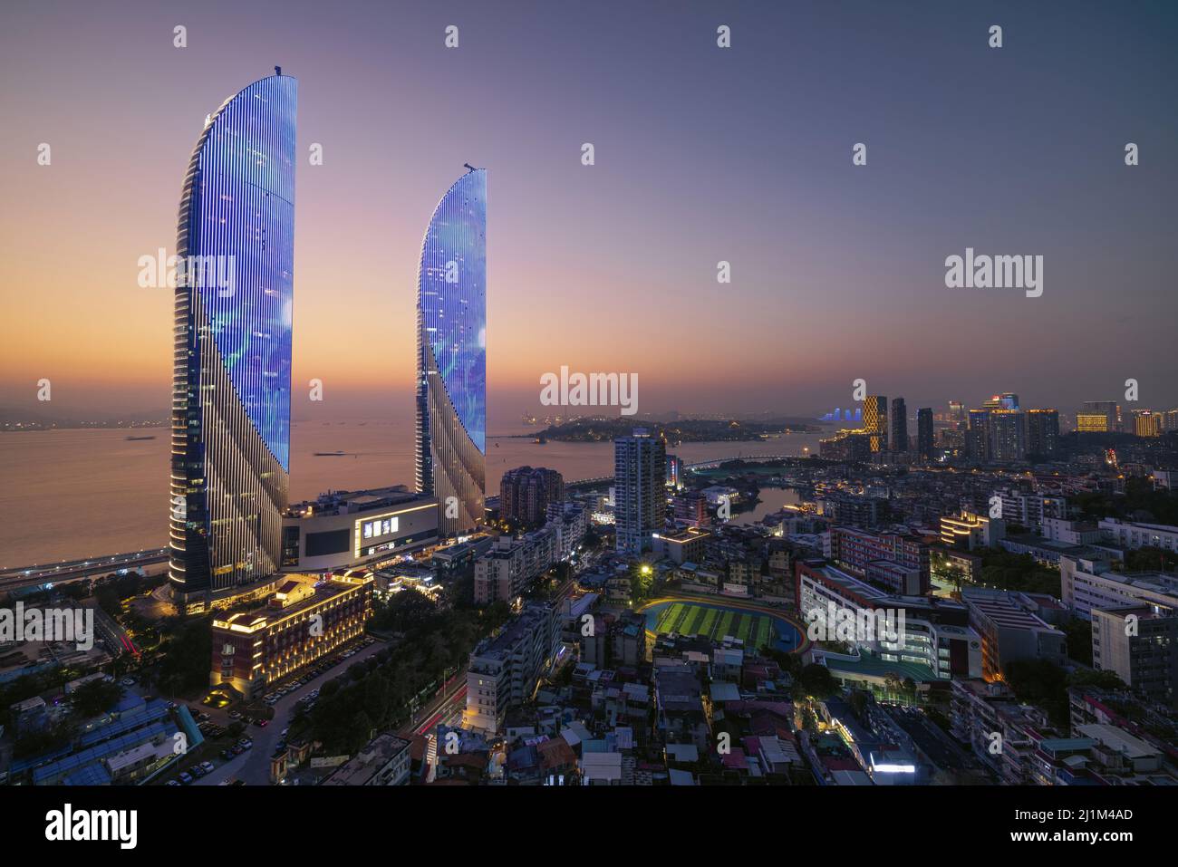 The twin-towers in Xiamen, China during sunset Stock Photo