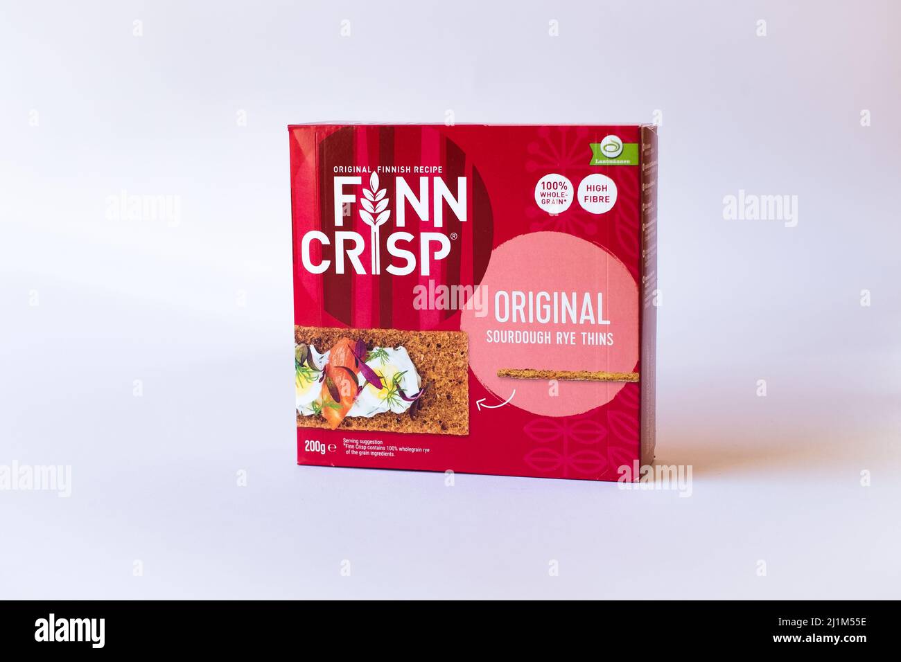 Finn Crisp Original Sourdough Rye Thins from Finland. Selective focus on company name. Stock Photo