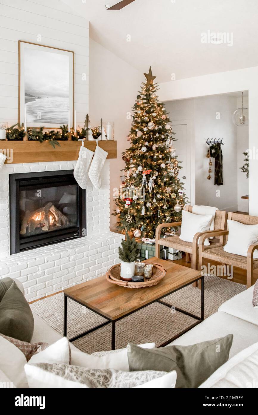 Boho Minimalist Home Decorated for Christmas Stock Photo