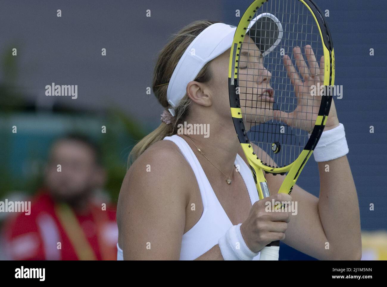 Miami Gardens, United States. 26th Mar, 2022. Danielle Collins from the USA reacts after missing a ball from Vera Zvonareva at the Miami Open in the Hard Rock Stadium in Miami Gardens, Florida, on Saturday, March 26, 2022. Collins defeated Zvonareva 6-1, 6-4. Photo by Gary I Rothstein/UPI Credit: UPI/Alamy Live News Stock Photo