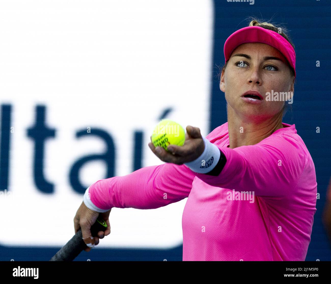 Miami Gardens, United States. 26th Mar, 2022. Vera Zvonareva from Russia serves to Danielle Collins from the USA at the Miami Open in the Hard Rock Stadium in Miami Gardens, Florida, on Saturday, March 26, 2022. Collins defeated Zvonareva 6-1, 6-4. Photo by Gary I Rothstein/UPI Credit: UPI/Alamy Live News Stock Photo