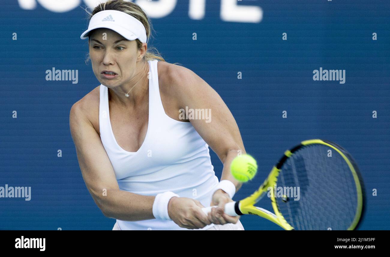 Miami Gardens, United States. 26th Mar, 2022. Danielle Collins from the USA hits a two hand backhand to Vera Zvonareva at the Miami Open in the Hard Rock Stadium in Miami Gardens, Florida, on Saturday, March 26, 2022. Collins defeated Zvonareva 6-1, 6-4. Photo by Gary I Rothstein/UPI Credit: UPI/Alamy Live News Stock Photo
