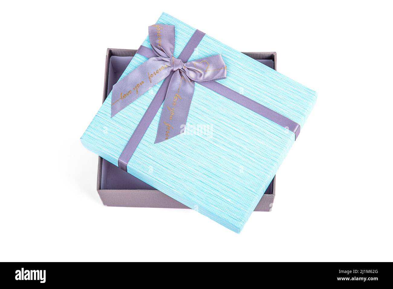 open gray-blue gift box with a bow on a white background Stock Photo
