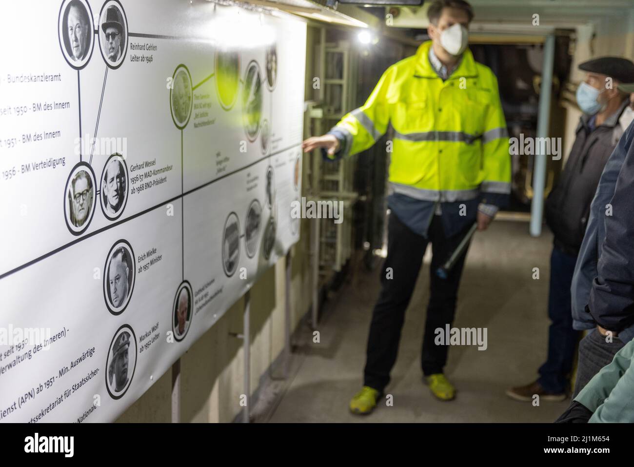 Gosen, Germany. 26th Mar, 2022. Visitors are informed about the role of Erich Mielke and Markus Wolf during a guided tour in the bunker. The former Stasi bunker in Gosen in Brandenburg near Berlin is open again for guided tours. Credit: Christian Ender/dpa/Alamy Live News Stock Photo