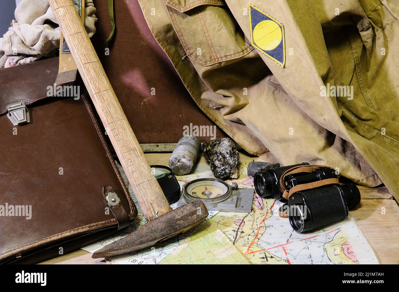 Still life with tools of a field geologist field vintage geology