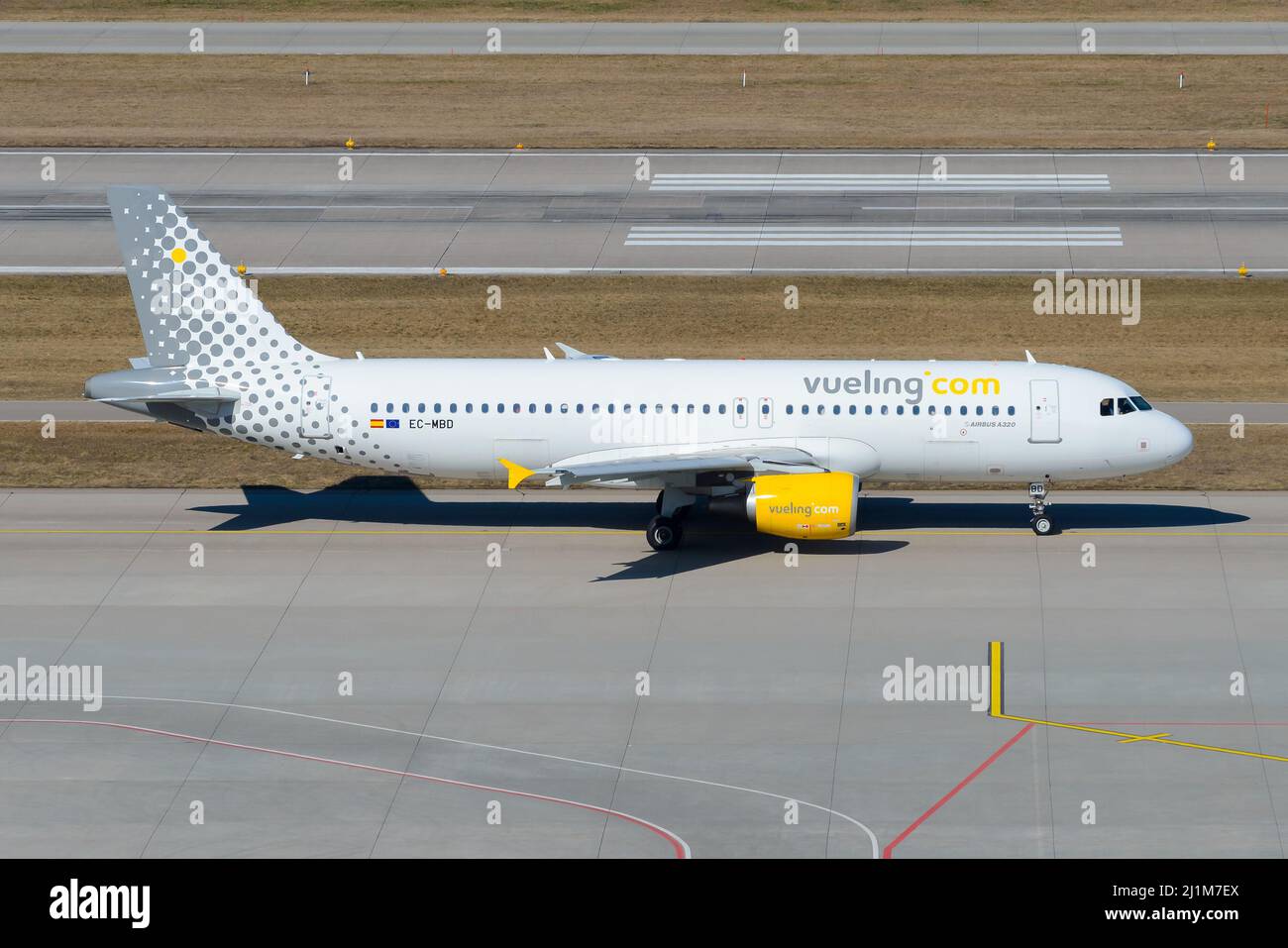 Vueling Airlines A320 airplane taxiing at Zurich Airport. Aircraft A320 of spanish low cost airline. Vueling Airlines plane. Stock Photo