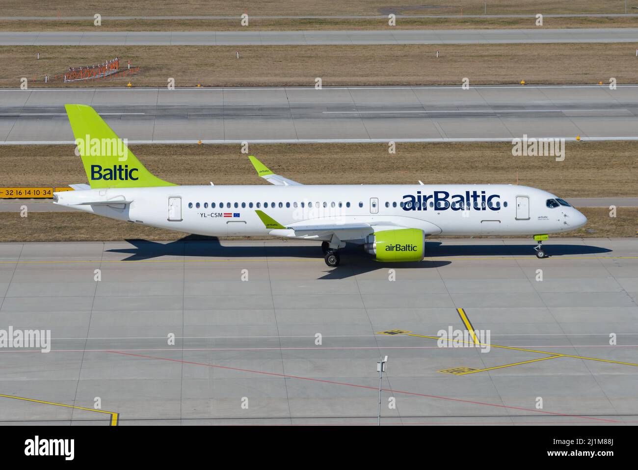 Air Baltic Airbus A220 aircraft departing Zurich. Airplane formerly know as Bombardier CSeries 300 of AirBaltic taking off to Riga, Lativa. Stock Photo
