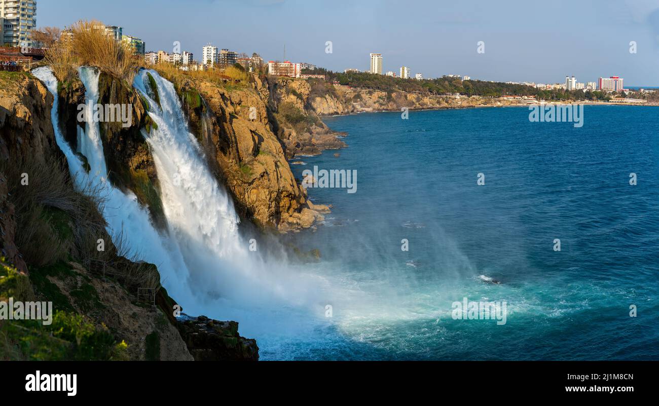 Turkey - Antalya Duden Waterfall. The place where the waterfall spills into the sea, the Düdenbası waterfall Stock Photo